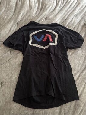 RVCA Black Tee with White Hex Logo and Red & Blue VA